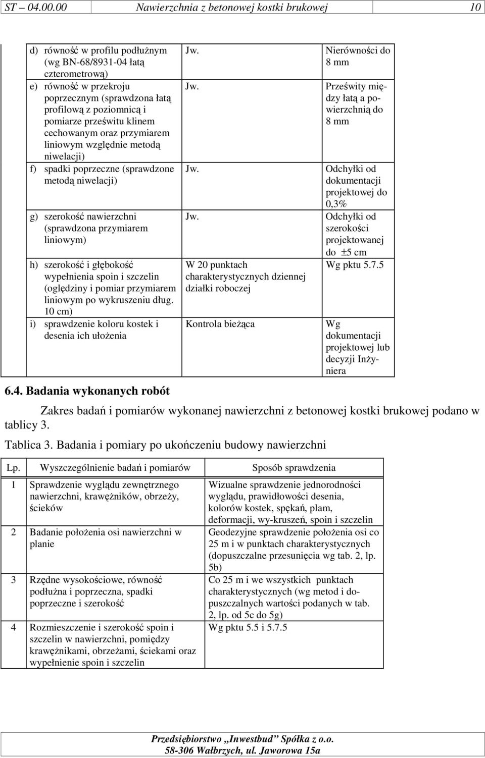 pomiarze prześwitu klinem cechowanym oraz przymiarem liniowym względnie metodą niwelacji) f) spadki poprzeczne (sprawdzone metodą niwelacji) g) szerokość nawierzchni (sprawdzona przymiarem liniowym)