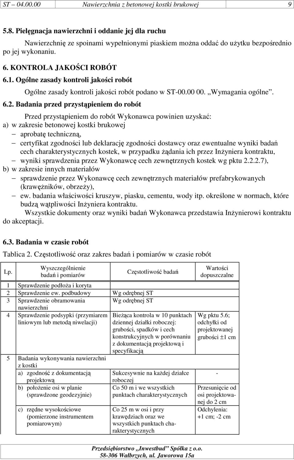 Ogólne zasady kontroli jakości robót Ogólne zasady kontroli jakości robót podano w ST-00.00 00. Wymagania ogólne. 6.2.