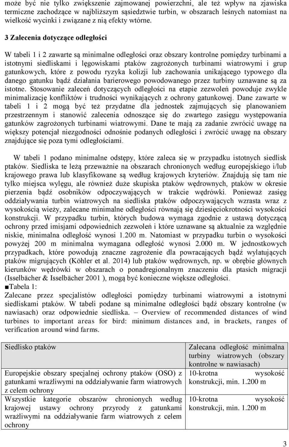 3 Zalecenia dotyczące odległości W tabeli 1 i 2 zawarte są minimalne odległości oraz obszary kontrolne pomiędzy turbinami a istotnymi siedliskami i lęgowiskami ptaków zagrożonych turbinami wiatrowymi