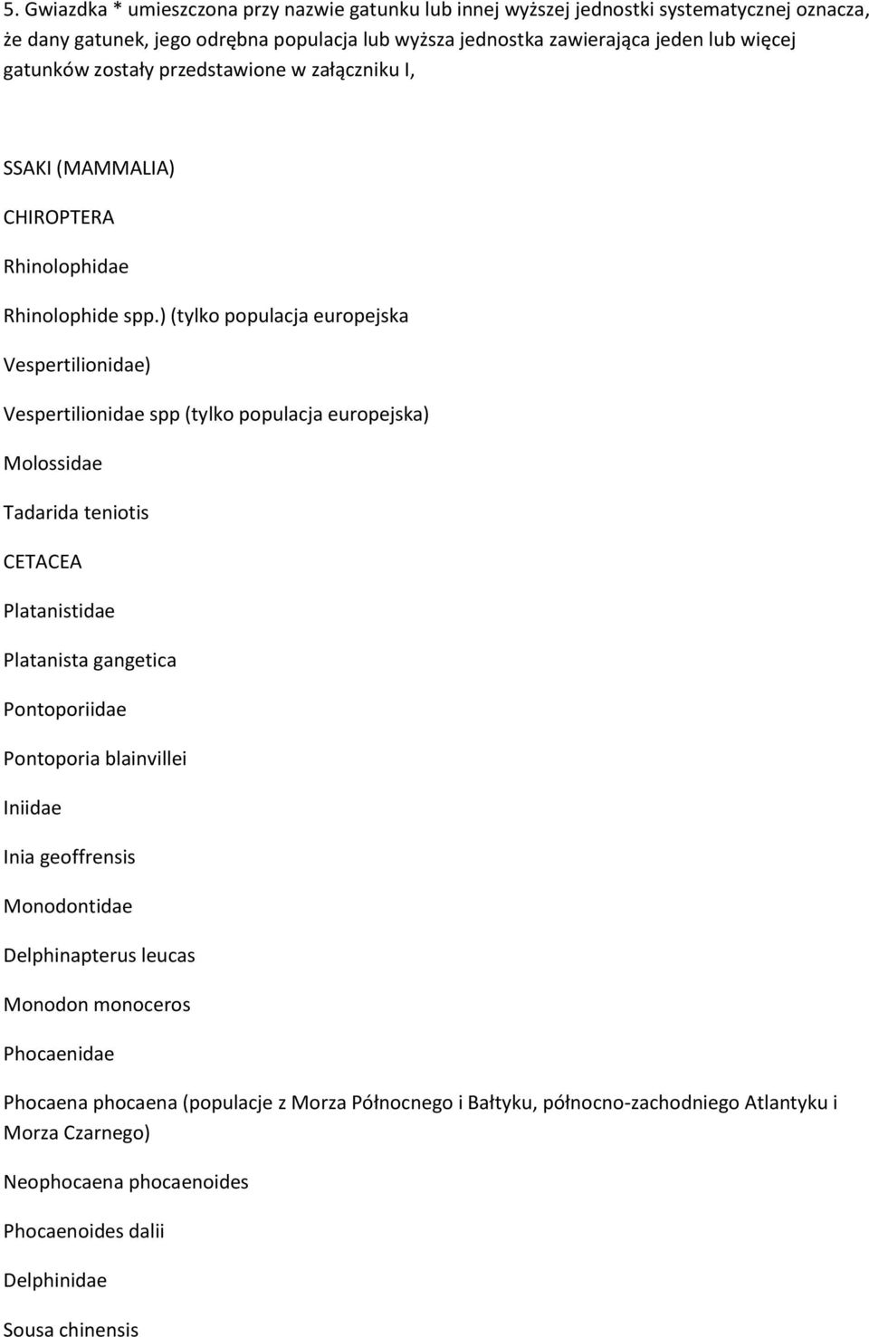 ) (tylko populacja europejska Vespertilionidae) Vespertilionidae spp (tylko populacja europejska) Molossidae Tadarida teniotis CETACEA Platanistidae Platanista gangetica Pontoporiidae