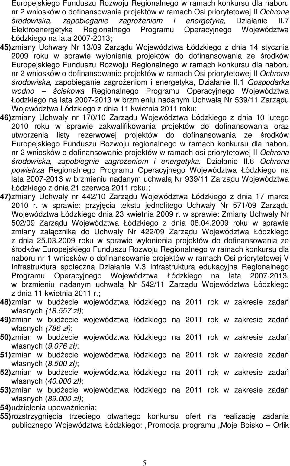 7 Elektroenergetyka Regionalnego Programu Operacyjnego Województwa 45) zmiany Uchwały Nr 13/09 Zarządu Województwa Łódzkiego z dnia 14 stycznia 2009 roku w sprawie wyłonienia projektów do