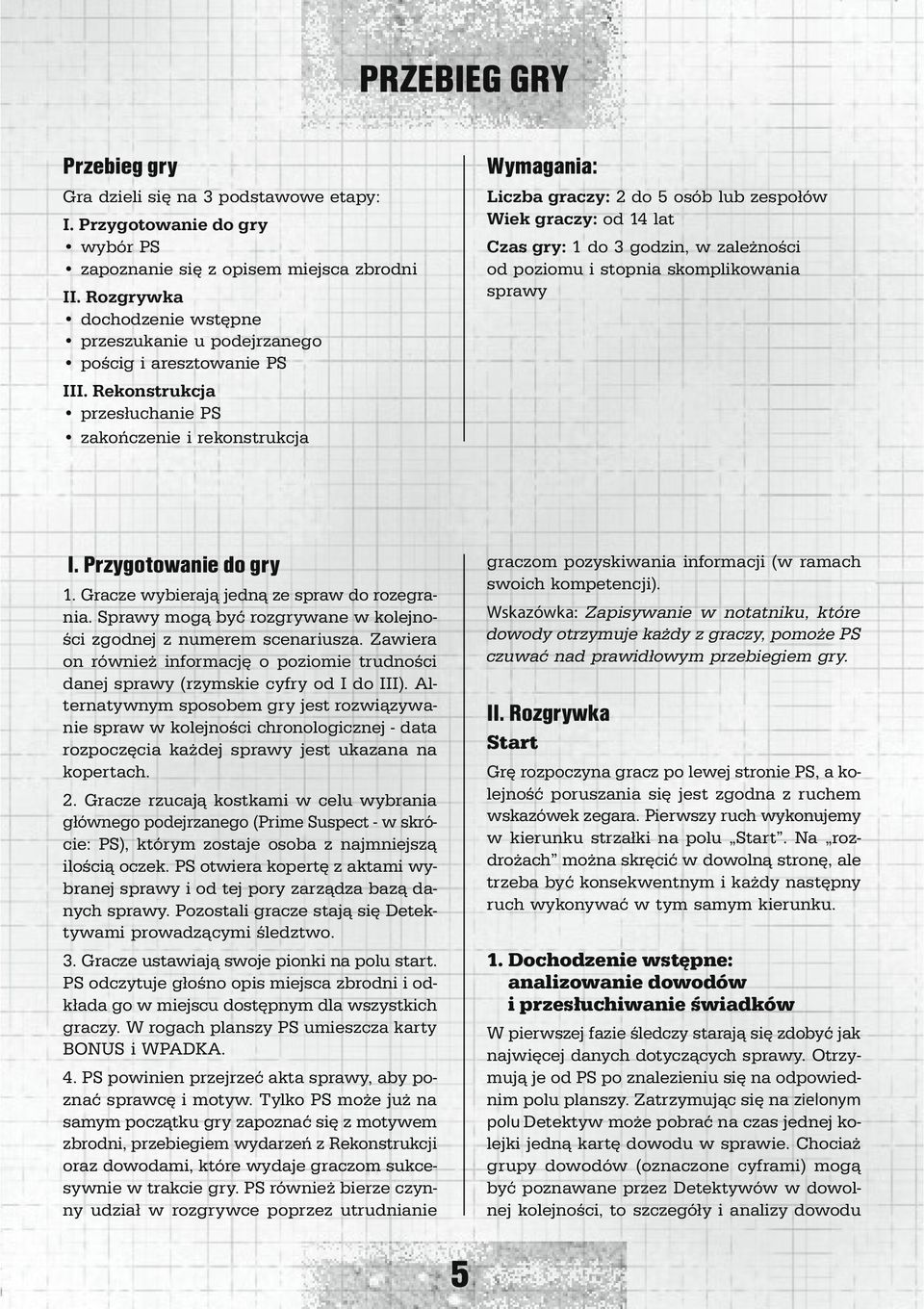 Rekonstrukcja przesłuchanie PS zakończenie i rekonstrukcja Wymagania: Liczba graczy: 2 do 5 osób lub zespołów Wiek graczy: od 14 lat Czas gry: 1 do 3 godzin, w zależności od poziomu i stopnia