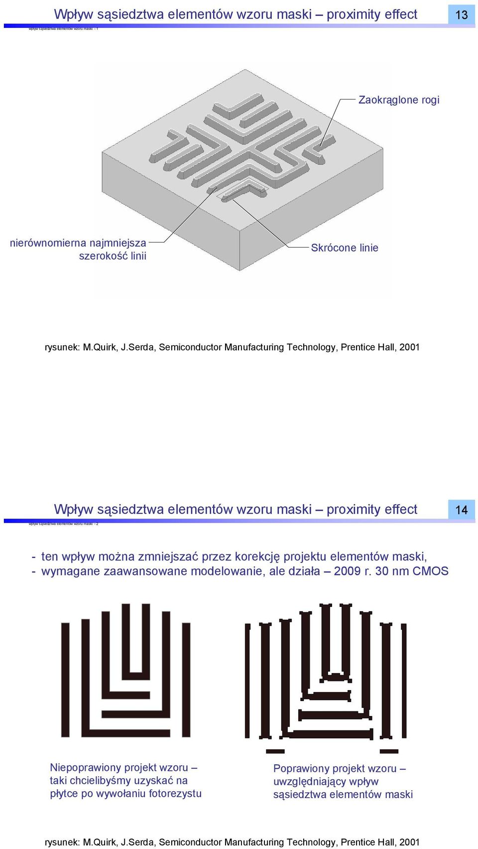 Serda, Semiconductor Manufacturing Technology, Prentice Hall, 2001 Wpływ sąsiedztwa elementów wzoru maski proximity effect 14 wpływ sąsiedztwa elementów wzoru maski - 2 - ten wpływ można