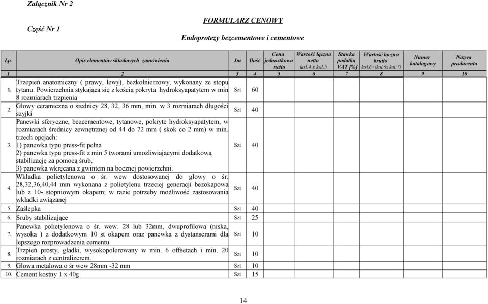 6x kol.7) 1 2 3 4 5 6 7 8 9 10 1. Trzepień anatomiczny ( prawy, lewy), bezkołnierzowy, wykonany ze stopu tytanu.