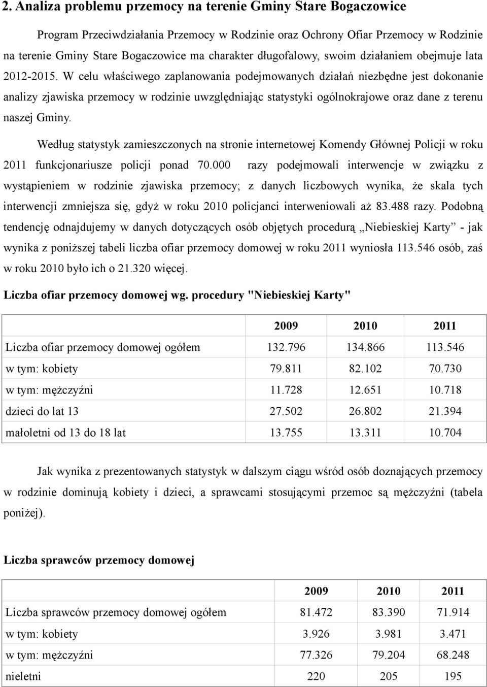 W celu właściwego zaplanowania podejmowanych działań niezbędne jest dokonanie analizy zjawiska przemocy w rodzinie uwzględniając statystyki ogólnokrajowe oraz dane z terenu naszej Gminy.