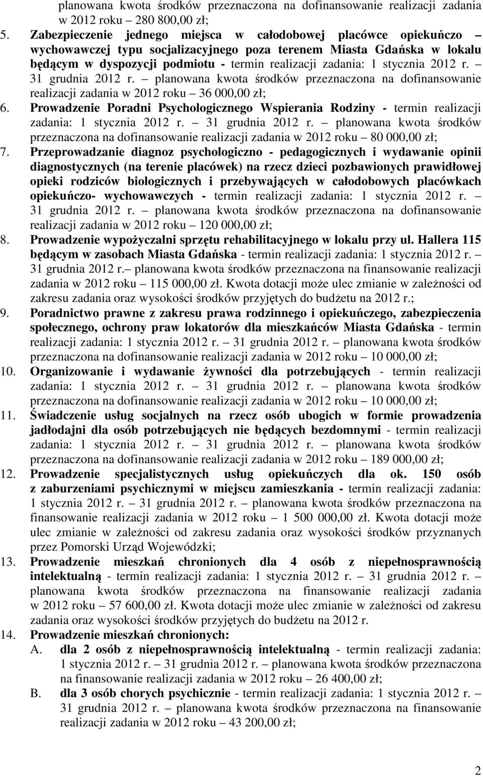 stycznia 2012 r. 31 grudnia 2012 r. planowana kwota środków przeznaczona na dofinansowanie realizacji zadania w 2012 roku 36 000,00 zł; 6.