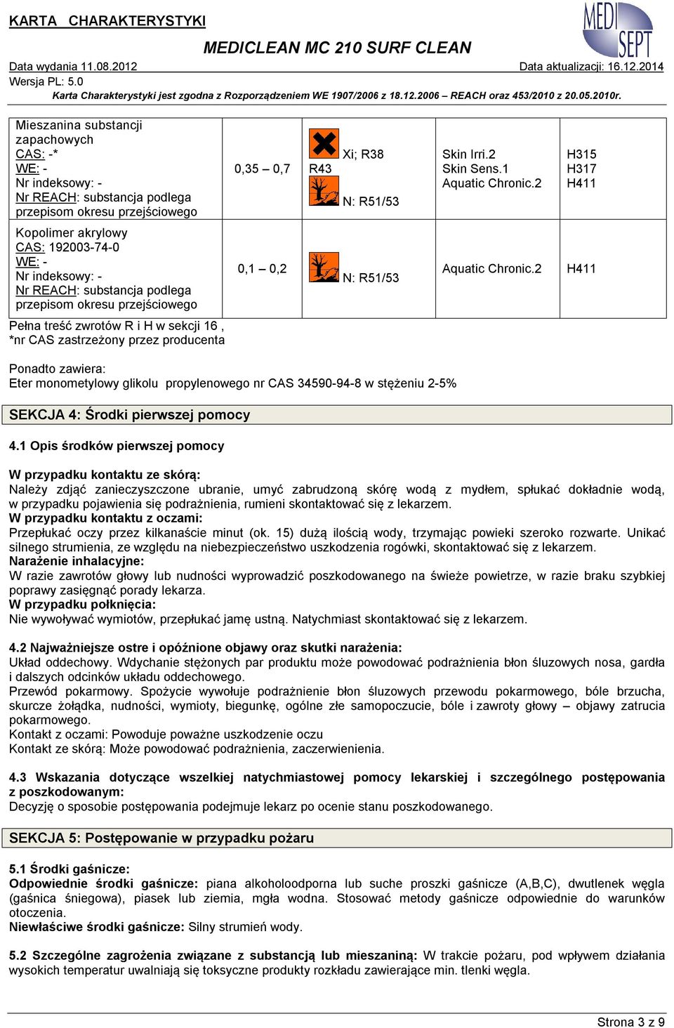 2 H411 Pełna treść zwrotów R i H w sekcji 16, *nr CAS zastrzeżony przez producenta Ponadto zawiera: Eter monometylowy glikolu propylenowego nr CAS 34590-94-8 w stężeniu 2-5% SEKCJA 4: Środki