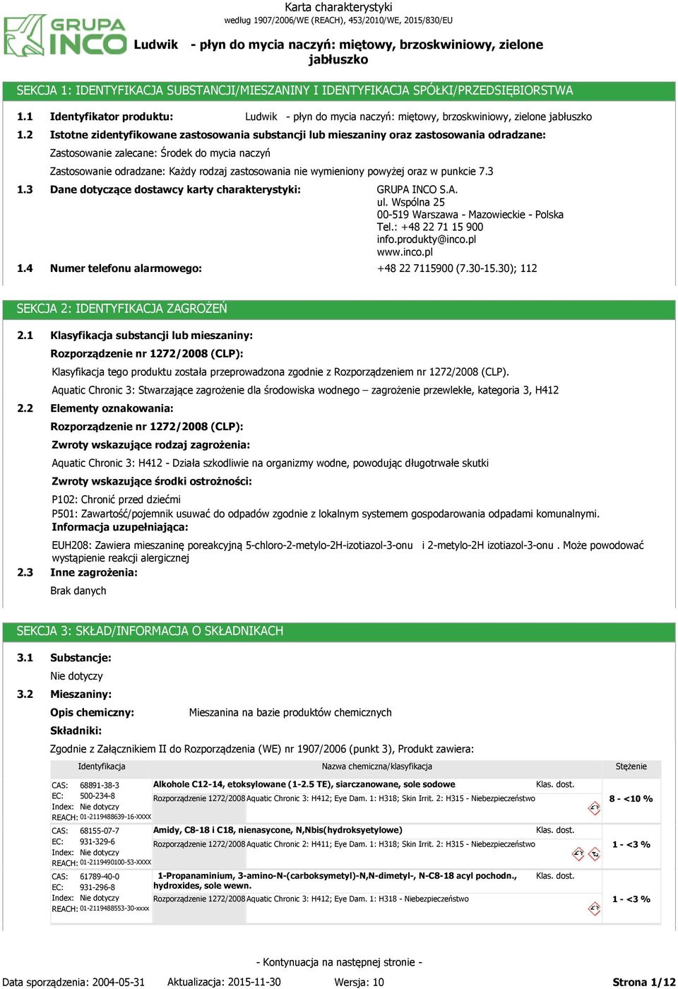 rodzaj zastosowania nie wymieniony powyżej oraz w punkcie 7.3 Dane dotyczące dostawcy karty charakterystyki: Numer telefonu alarmowego: GRUPA INCO S.A. ul.