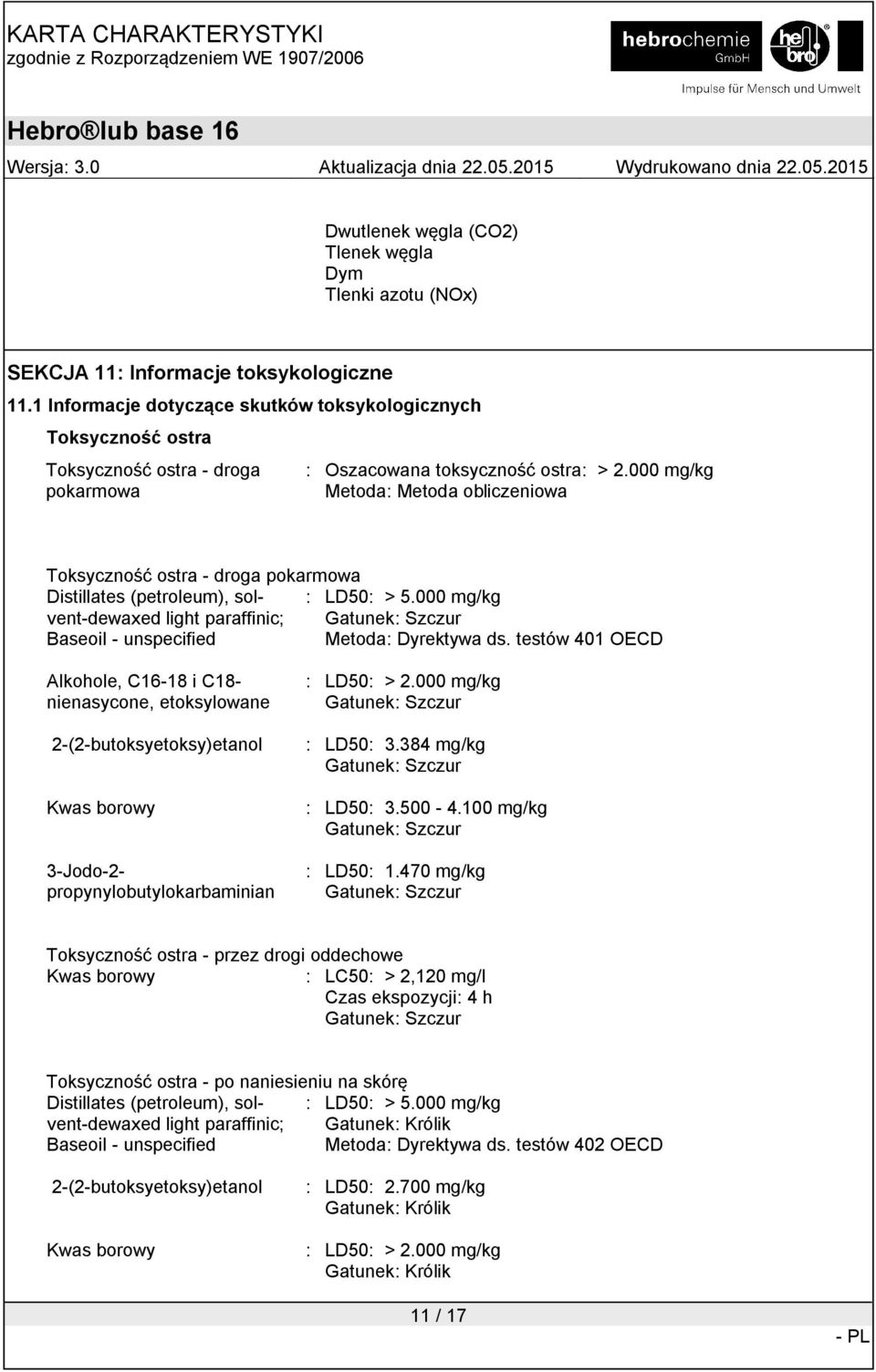 000 mg/kg Metoda: Metoda obliczeniowa Toksyczność ostra - droga pokarmowa light paraffinic; Gatunek: Szczur : LD50: > 5.000 mg/kg Metoda: Dyrektywa ds.