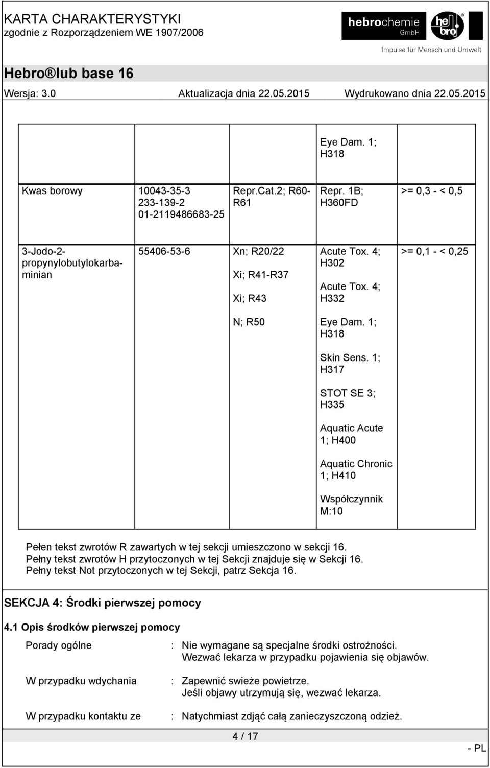 1; H317 STOT SE 3; H335 Aquatic Acute 1; H400 Aquatic Chronic 1; H410 Współczynnik M:10 Pełen tekst zwrotów R zawartych w tej sekcji umieszczono w sekcji 16.