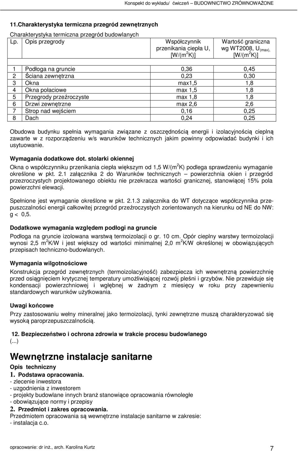 połaciowe max 1,5 1,8 5 Przegrody przeźroczyste max 1,8 1,8 6 Drzwi zewnętrzne max 2,6 2,6 7 Strop nad wejściem 0,16 0,25 8 Dach 0,24 0,25 Obudowa budynku spełnia wymagania związane z oszczędnością