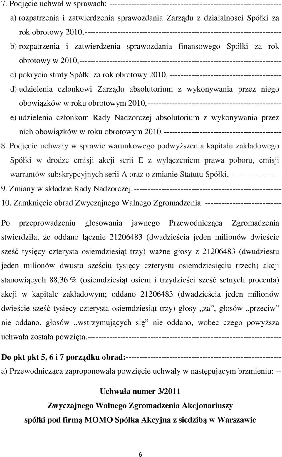 2010,-------------------------------------------------------------------------- c) pokrycia straty Spółki za rok obrotowy 2010, ----------------------------------------- d) udzielenia członkowi