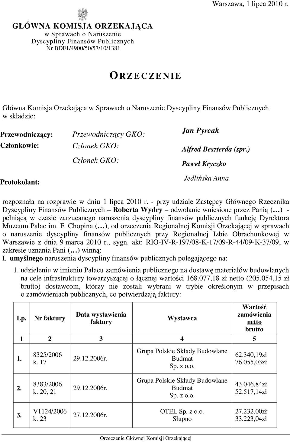 Publicznych w składzie: Przewodniczący: Członkowie: Protokolant: Przewodniczący GKO: Członek GKO: Członek GKO: Jan Pyrcak Alfred Beszterda (spr.