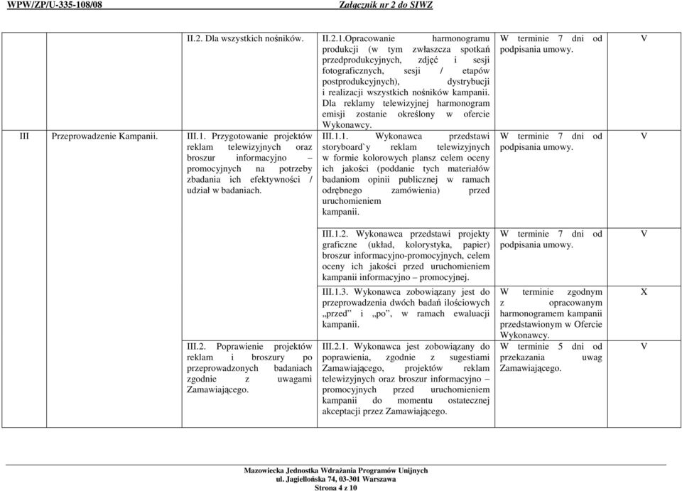 Dla reklamy telewizyjnej harmonogram emisji zostanie określony w ofercie Wykonawcy. III.1.