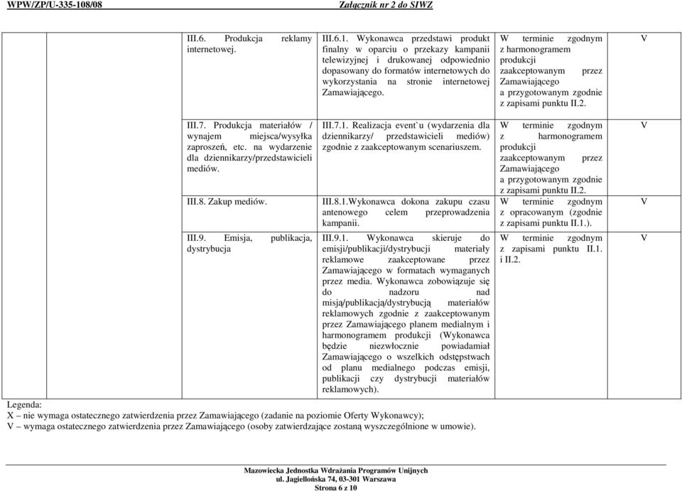 z harmonogramem produkcji zaakceptowanym przez Zamawiającego a przygotowanym zgodnie z zapisami punktu II.2. III.7. Produkcja materiałów / wynajem miejsca/wysyłka zaproszeń, etc.