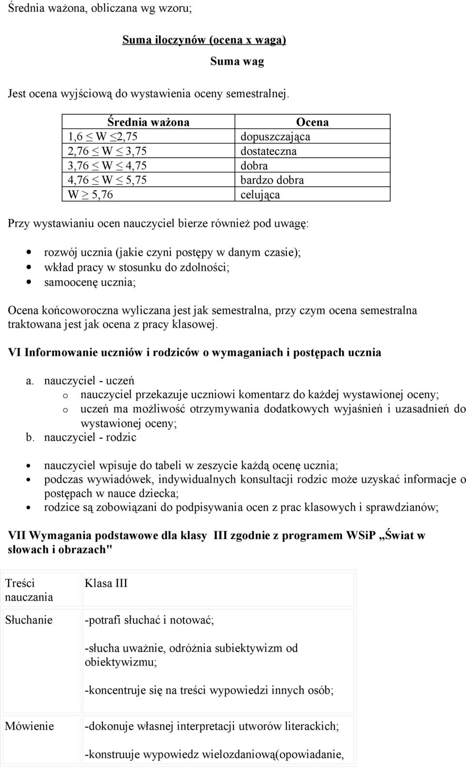 ucznia (jakie czyni postępy w danym czasie); wkład pracy w stosunku do zdolności; samoocenę ucznia; Ocena końcoworoczna wyliczana jest jak semestralna, przy czym ocena semestralna traktowana jest jak