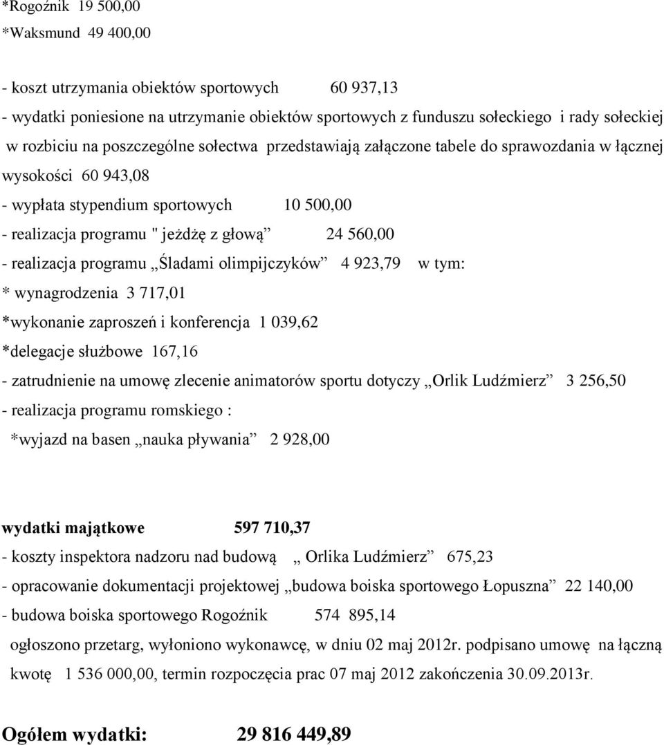 realizacja programu Śladami olimpijczyków 4 923,79 w tym: * wynagrodzenia 3 717,01 *wykonanie zaproszeń i konferencja 1 039,62 *delegacje służbowe 167,16 - zatrudnienie na umowę zlecenie animatorów