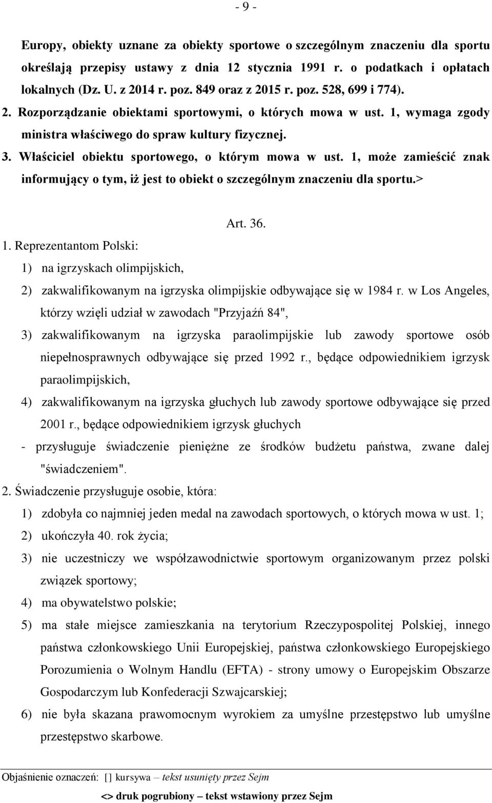 Właściciel obiektu sportowego, o którym mowa w ust. 1, może zamieścić znak informujący o tym, iż jest to obiekt o szczególnym znaczeniu dla sportu.> Art. 36. 1. Reprezentantom Polski: 1) na igrzyskach olimpijskich, 2) zakwalifikowanym na igrzyska olimpijskie odbywające się w 1984 r.