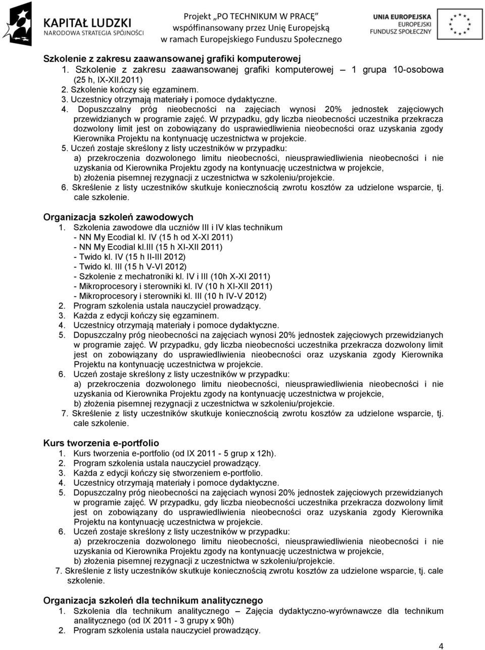 W przypadku, gdy liczba nieobecności uczestnika przekracza dozwolony limit jest on zobowiązany do usprawiedliwienia nieobecności oraz uzyskania zgody Kierownika 5.