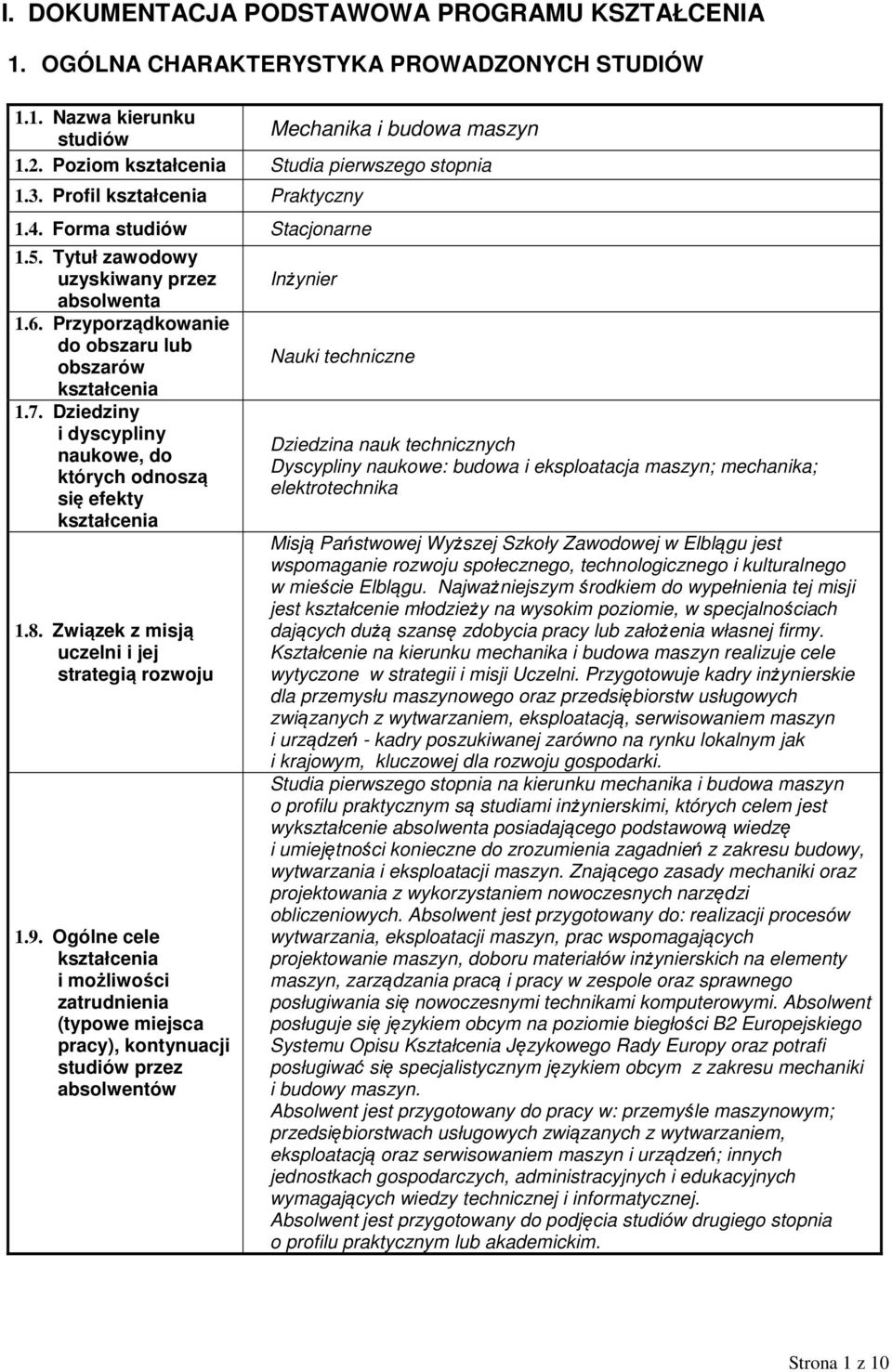 Dziedziny i dyscypliny naukowe, do których odnoszą się efekty 1.8. Związek z misją uczelni i jej strategią rozwoju 1.9.