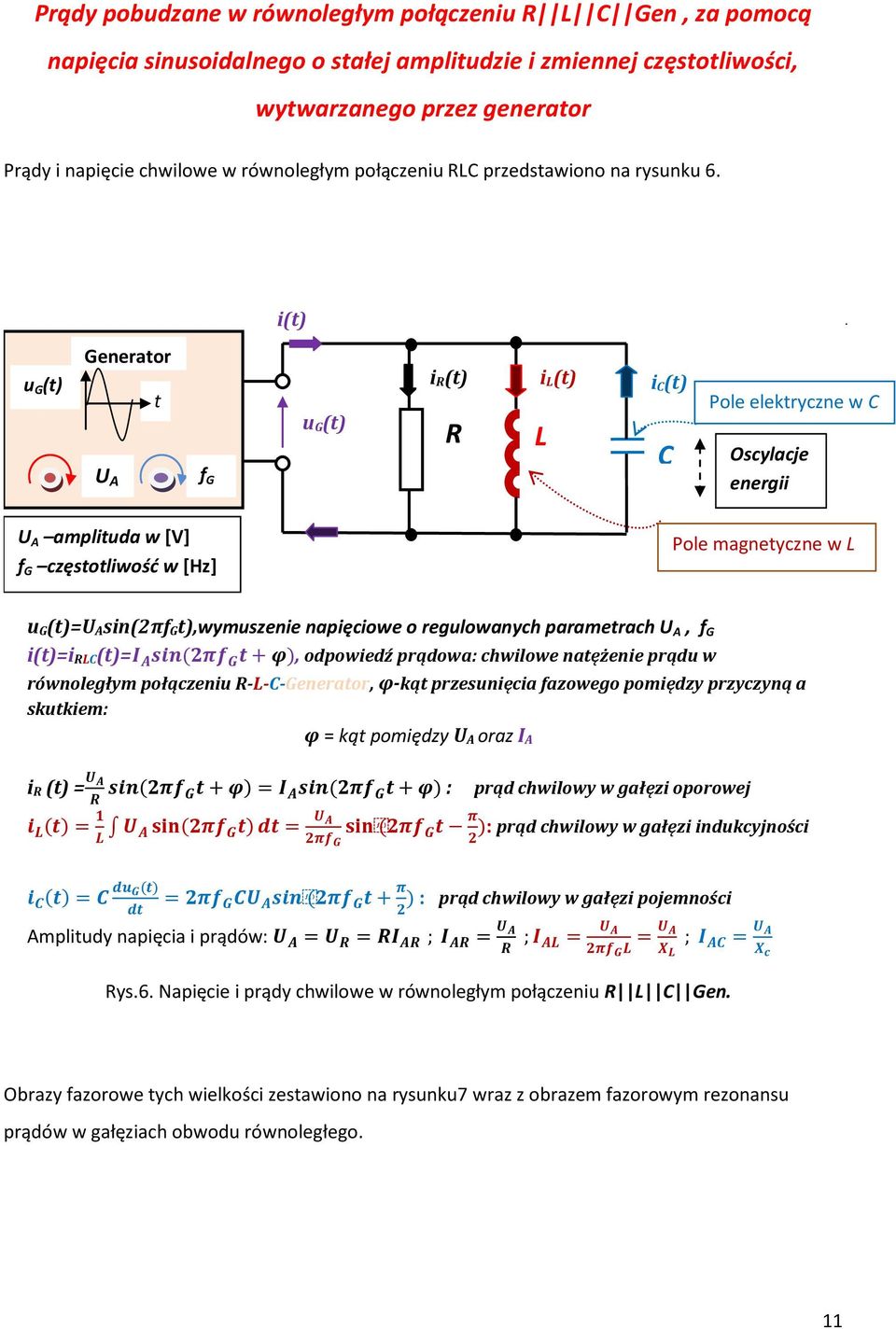 i(t) Generator ug(t) ) ir(t) t il(t) LR ug(t) ic(t) L C fg amplituda w [V] fg częstotliwość w [Hz] ff Pole elektryczne w C Oscylacje energii Pole magnetyczne w L ug(t)sin(2πfgt),wymuszenie napięciowe