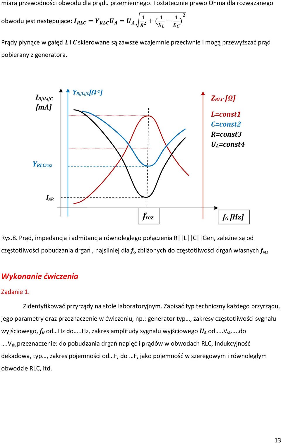 IR L C [ma] Y R L C[Ω -1 ] ZRLC [Ω] Lconst1 Cconst2 Rconst3 const4 YRLCrez I AR frez fg [Hz] Rys.8.