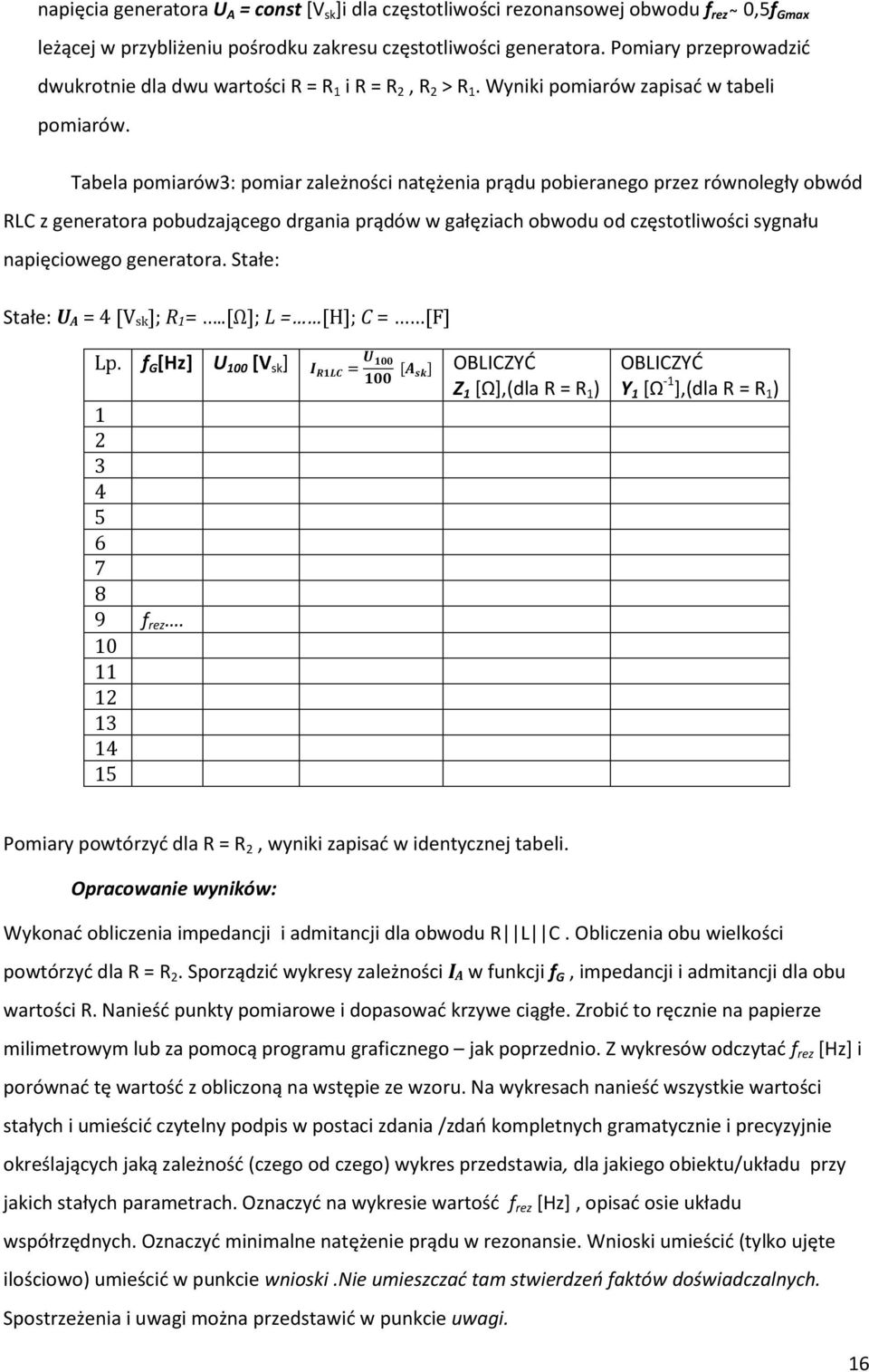 Tabela pomiarów3: pomiar zależności natężenia prądu pobieranego przez równoległy obwód RLC z generatora pobudzającego drgania prądów w gałęziach obwodu od częstotliwości sygnału napięciowego