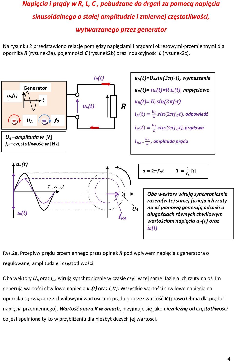 i R(t) u G(t)U Asin(2πf Gt), wymuszenie u G (t) ) Generator t u G(t) R u R(t) u G(t)R i R(t), napięciowe u R(t) U Asin(2πf Gt), odpowiedź U A f G ), prądowa U A amplituda w [V] f G częstotliwość w