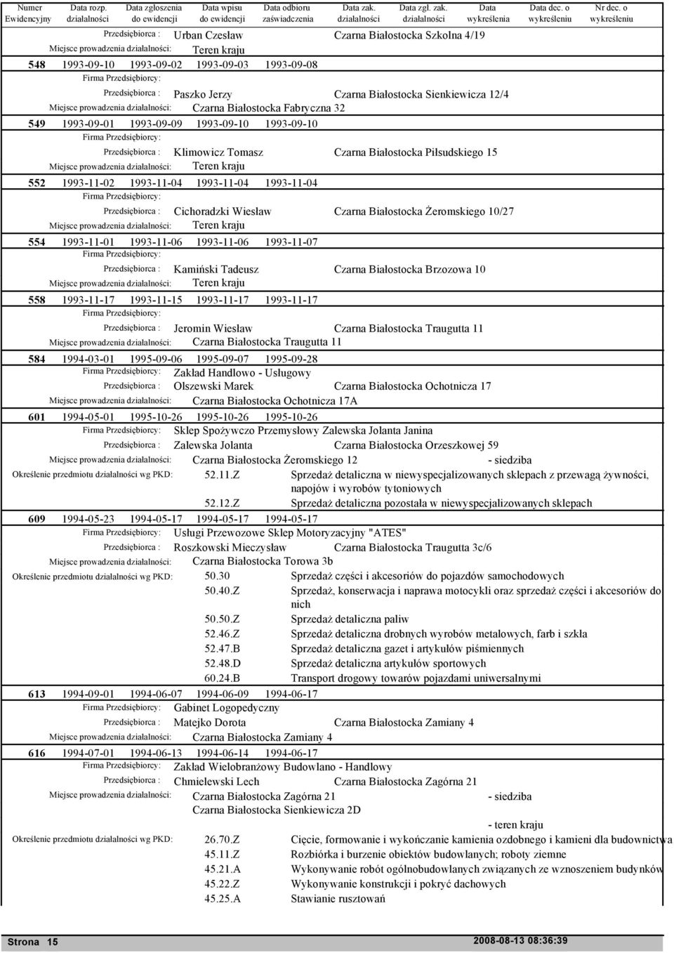 Przedsiębiorca : Urban Czesław Czarna Białostocka Szkolna 4/19 Miejsce prowadzenia : 548 1993-09-10 1993-09-02 1993-09-03 1993-09-08 Przedsiębiorca : Paszko Jerzy Czarna Białostocka Sienkiewicza 12/4