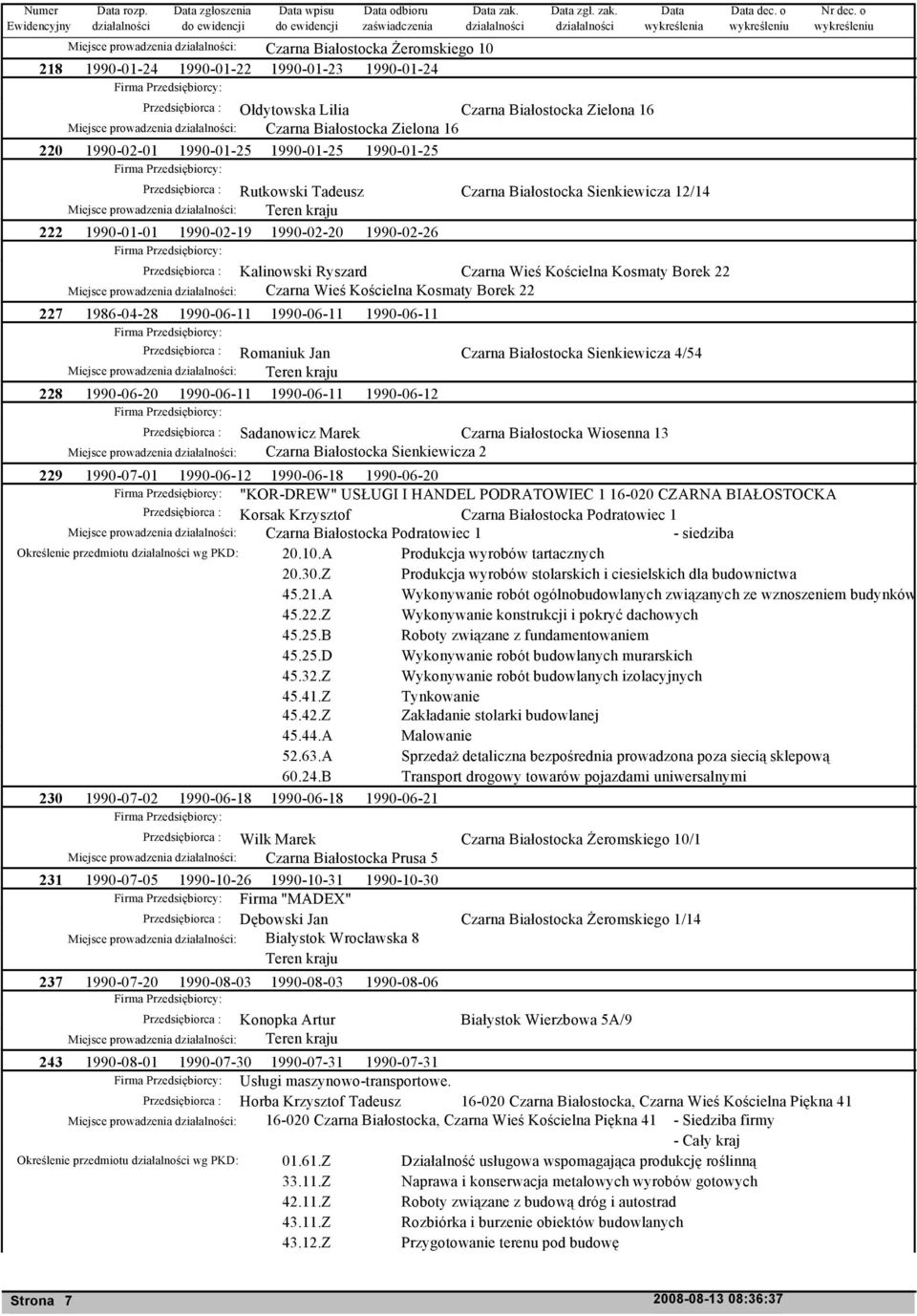 Przedsiębiorca : Ołdytowska Lilia Czarna Białostocka Zielona 16 Miejsce prowadzenia : Czarna Białostocka Zielona 16 220 1990-02-01 1990-01-25 1990-01-25 1990-01-25 Przedsiębiorca : Rutkowski Tadeusz