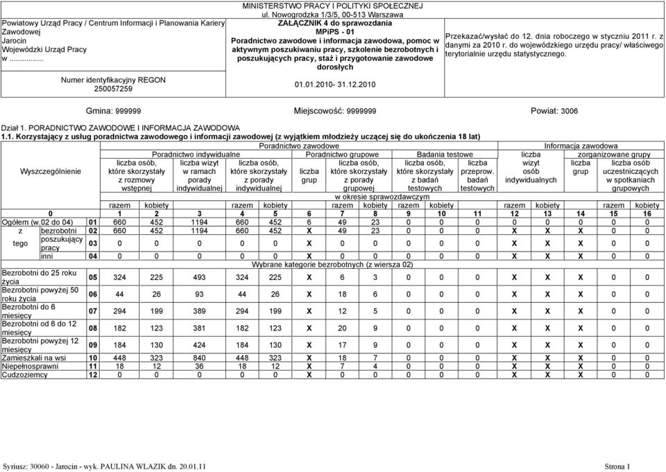 awodowe dorosłych 01.01.2010-31.12.2010 Prekaać/wysłać do 12. dnia robocego w stycniu 2011 r. danymi a 2010 r. do wojewódkiego urędu / właściwego terytorialnie urędu statystycnego.