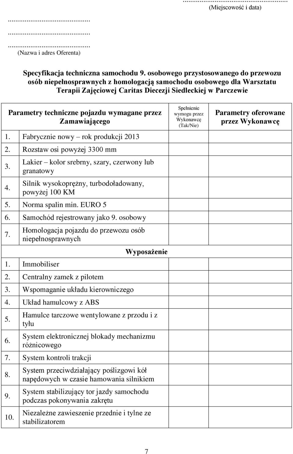 wymagane przez Zamawiającego 1. Fabrycznie nowy rok produkcji 2013 2. Rozstaw osi powyżej 3300 mm 3. 4.