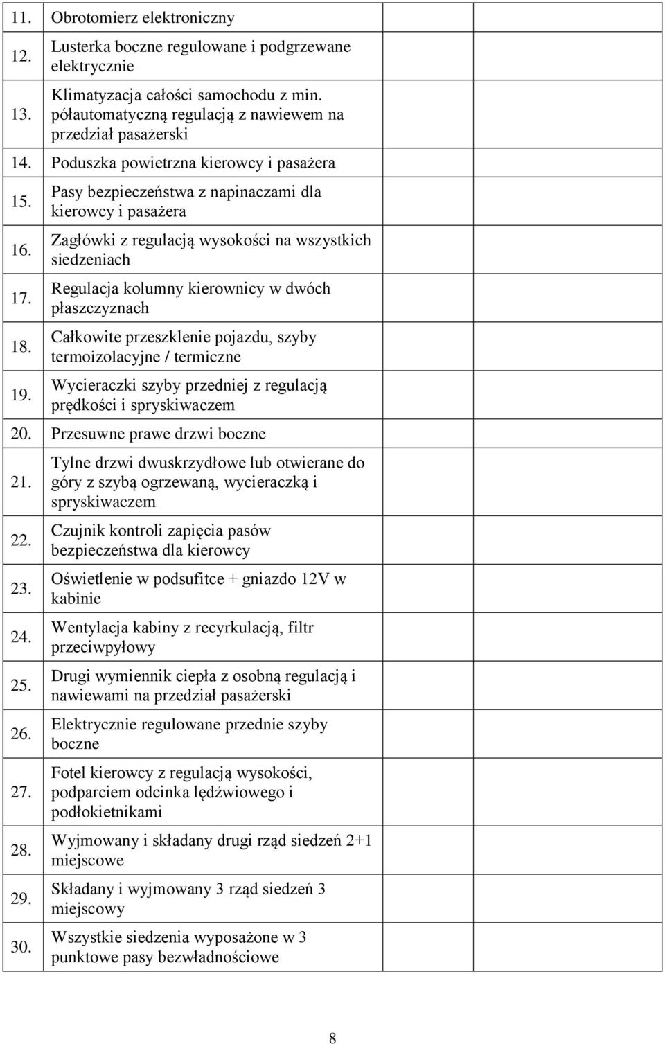 Pasy bezpieczeństwa z napinaczami dla kierowcy i pasażera Zagłówki z regulacją wysokości na wszystkich siedzeniach Regulacja kolumny kierownicy w dwóch płaszczyznach Całkowite przeszklenie pojazdu,