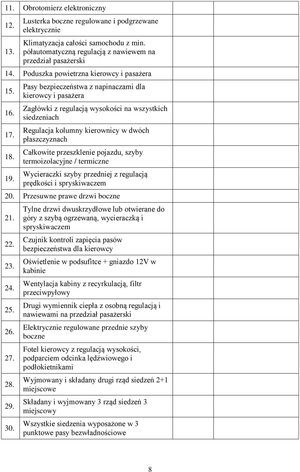 Pasy bezpieczeństwa z napinaczami dla kierowcy i pasażera Zagłówki z regulacją wysokości na wszystkich siedzeniach Regulacja kolumny kierownicy w dwóch płaszczyznach Całkowite przeszklenie pojazdu,