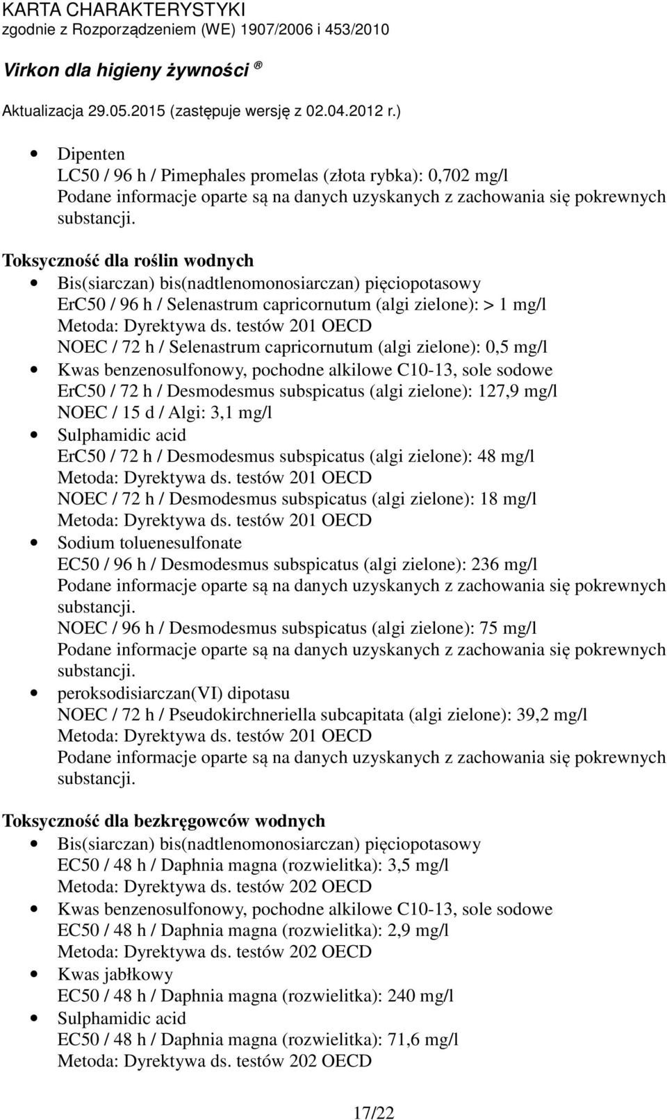 testów 201 OECD NOEC / 72 h / Selenastrum capricornutum (algi zielone): 0,5 mg/l ErC50 / 72 h / Desmodesmus subspicatus (algi zielone): 127,9 mg/l NOEC / 15 d / Algi: 3,1 mg/l Sulphamidic acid ErC50