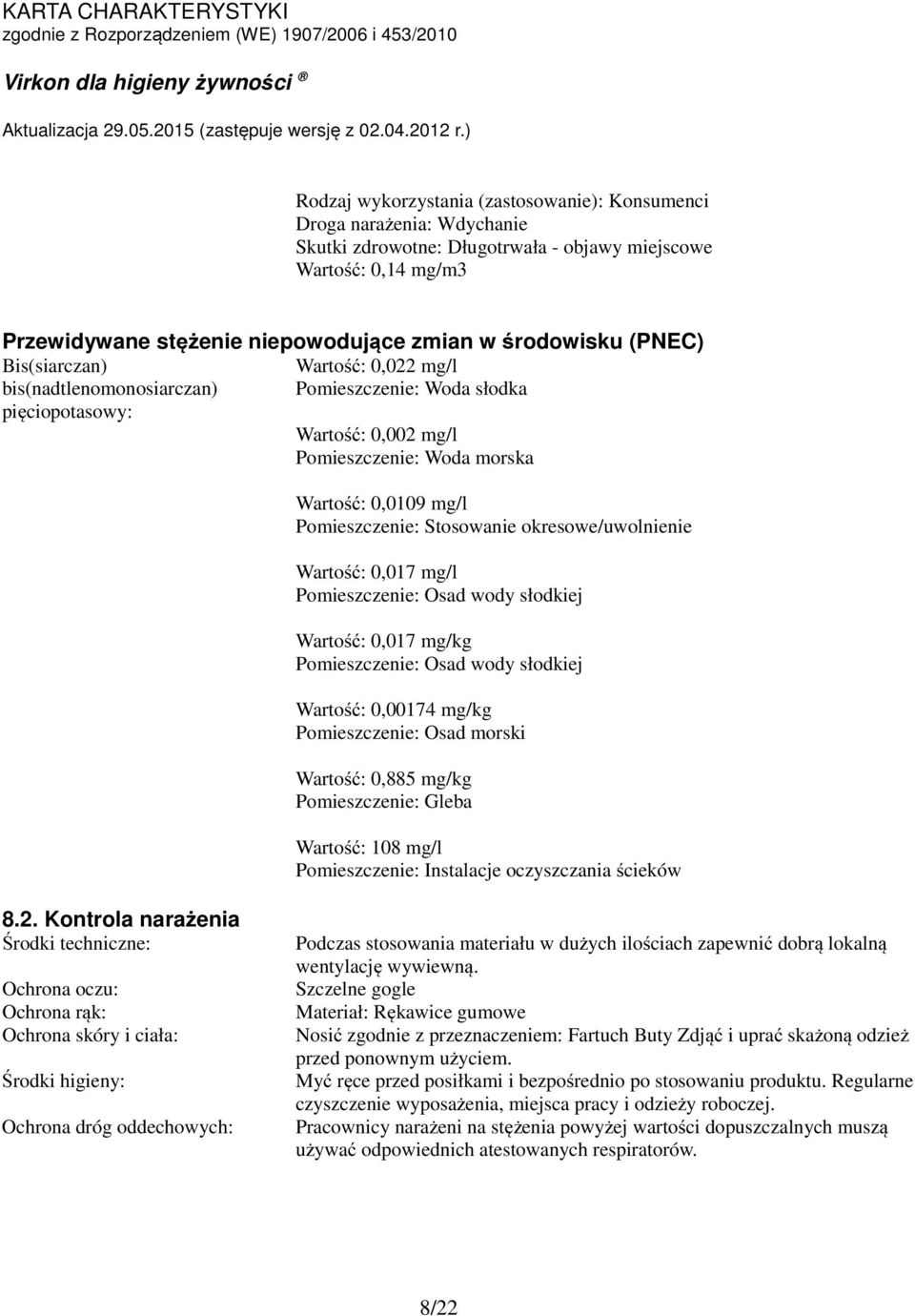 Stosowanie okresowe/uwolnienie Wartość: 0,017 mg/l Pomieszczenie: Osad wody słodkiej Wartość: 0,017 mg/kg Pomieszczenie: Osad wody słodkiej Wartość: 0,00174 mg/kg Pomieszczenie: Osad morski Wartość: