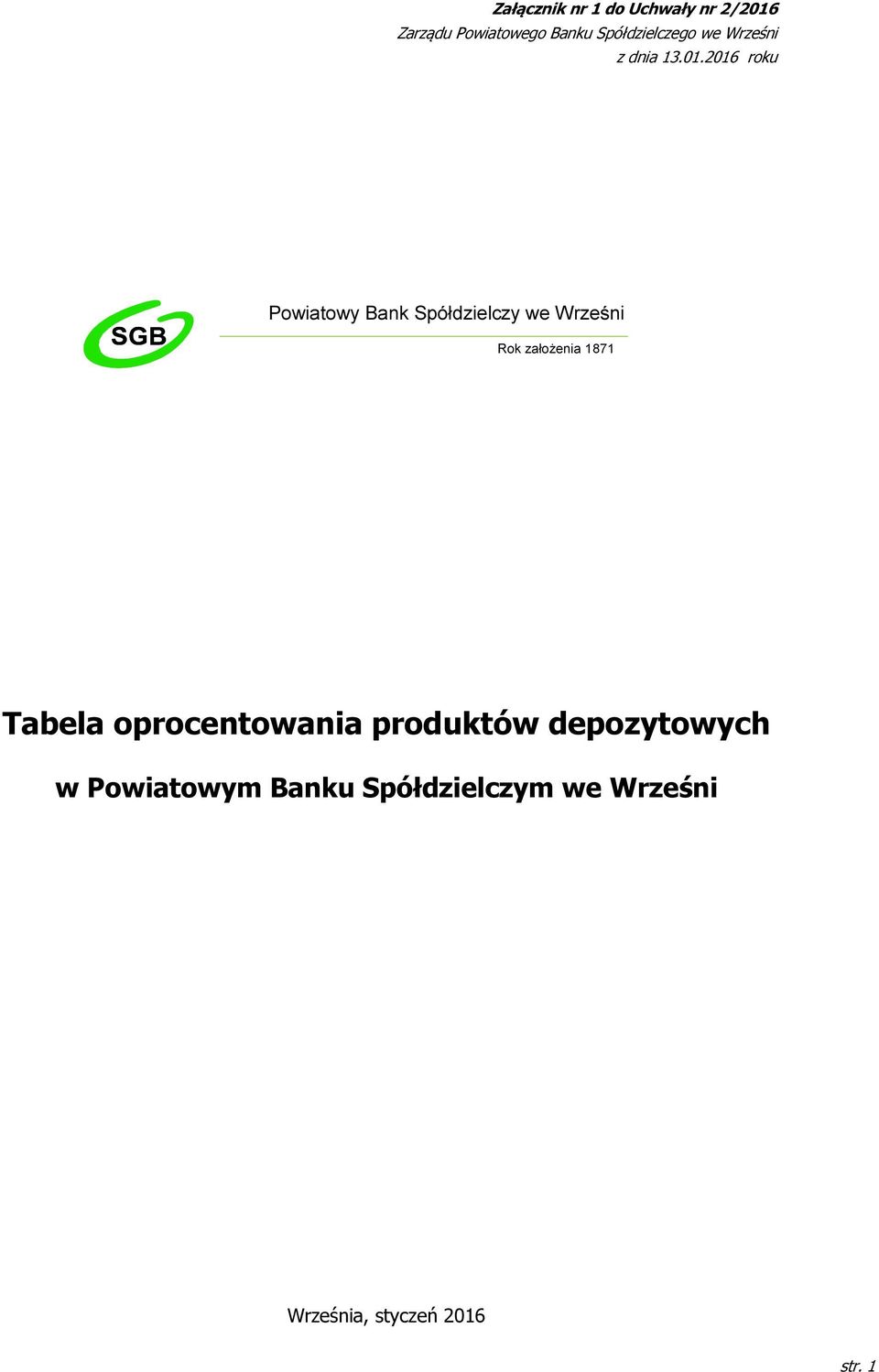 2016 roku Powiatowy Bank Spółdzielczy we Wrześni Rok założenia 1871