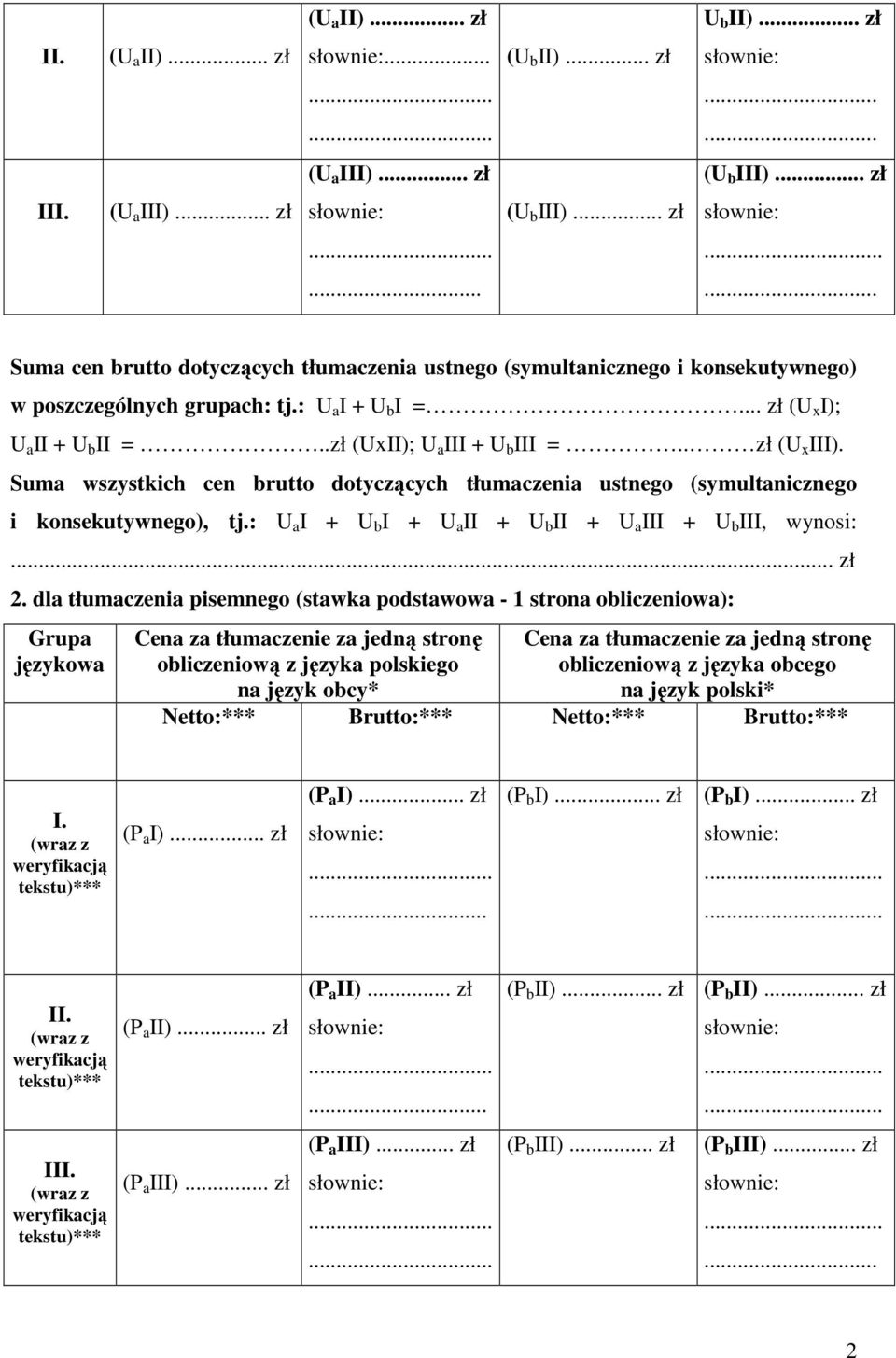 : U a I + U b I + U a II + U b II + U a III + U b III, wynosi:... zł 2.