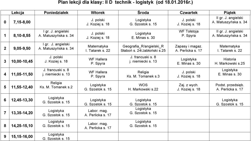 13 H. Markowski s.25 4 11,05-11,50 J. francuski s. 8 j. niemiecki s. 13 Hallera Ks. M. Tomanek s.3 5 11,55-12,40 Ks.