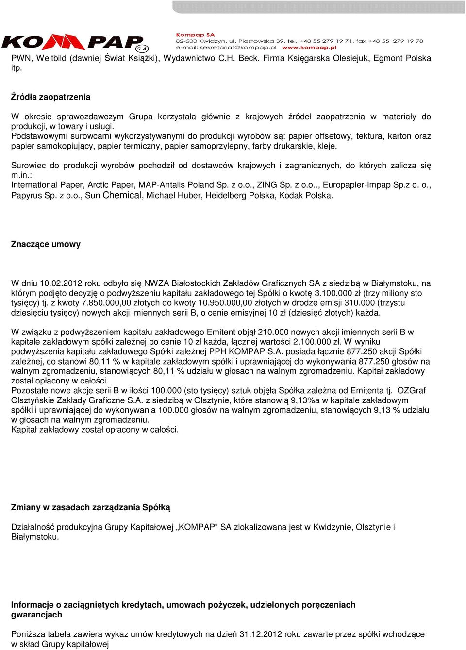 Podstawowymi surowcami wykorzystywanymi do produkcji wyrobów są: papier offsetowy, tektura, karton oraz papier samokopiujący, papier termiczny, papier samoprzylepny, farby drukarskie, kleje.