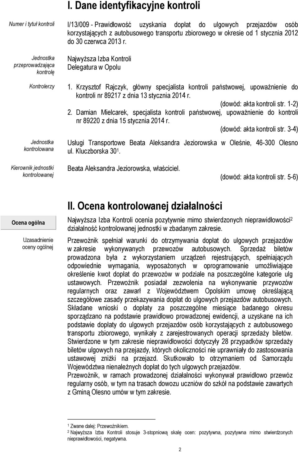 Krzysztof Rajczyk, główny specjalista kontroli państwowej, upoważnienie do kontroli nr 89217 z dnia 13 stycznia 2014 r. (dowód: akta kontroli str. 1-2) 2.