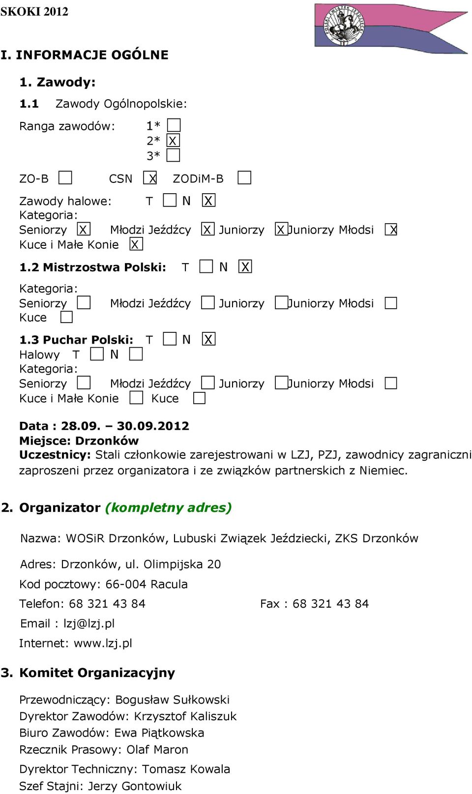 2 Mistrzostwa Polski: T N X Kategoria: Seniorzy Młodzi Jeźdźcy Juniorzy Juniorzy Młodsi Kuce 1.