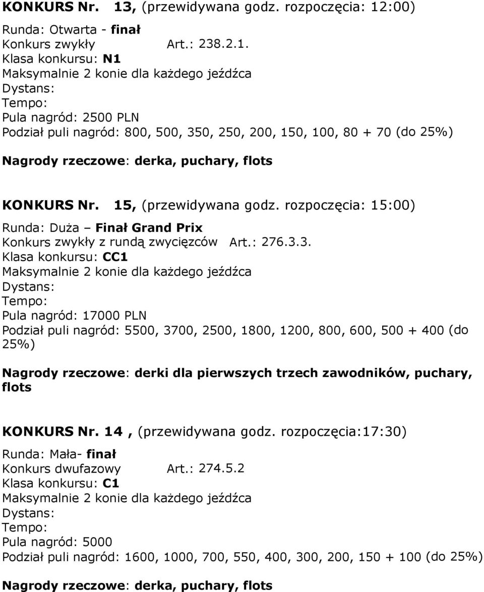 3. Klasa konkursu: CC1 Pula nagród: 17000 PLN Podział puli nagród: 5500, 3700, 2500, 1800, 1200, 800, 600, 500 + 400 (do 25%) Nagrody rzeczowe: derki dla pierwszych trzech zawodników, puchary,