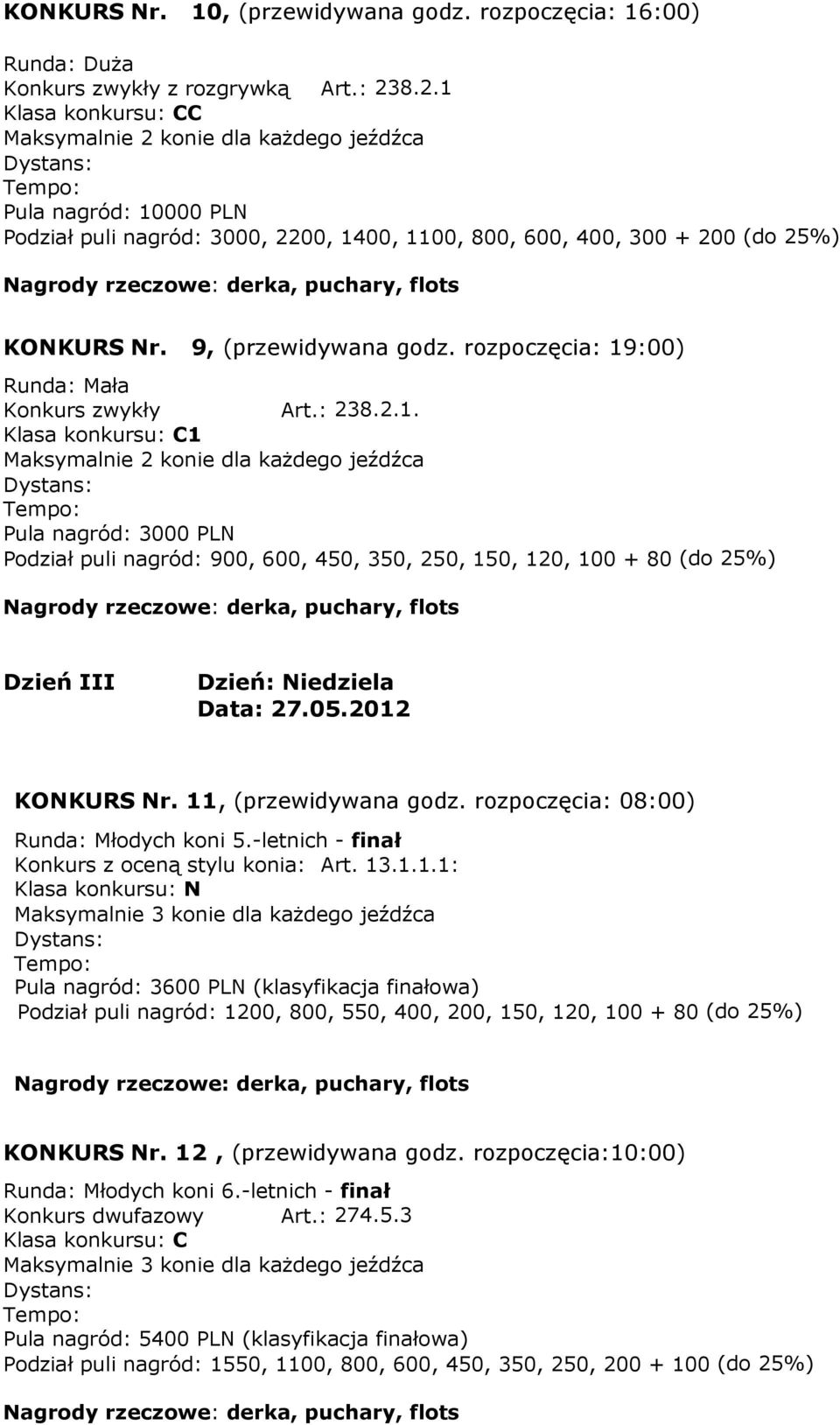 rozpoczęcia: 19:00) Runda: Mała Konkurs zwykły Art.: 238.2.1. Klasa konkursu: C1 Pula nagród: 3000 PLN Podział puli nagród: 900, 600, 450, 350, 250, 150, 120, 100 + 80 (do 25%) Dzień III Dzień: Niedziela Data: 27.