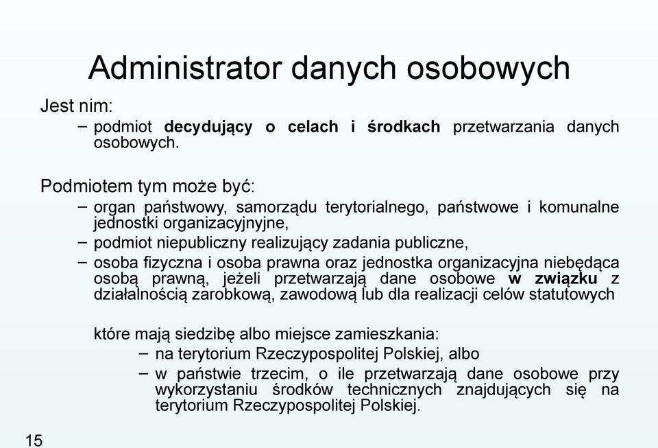 fizyczna i osoba prawna oraz jednostka organizacyjna niebędąca osobą prawną, jeżeli przetwarzają dane osobowe w związku z działalnością zarobkową, zawodową lub dla realizacji celów