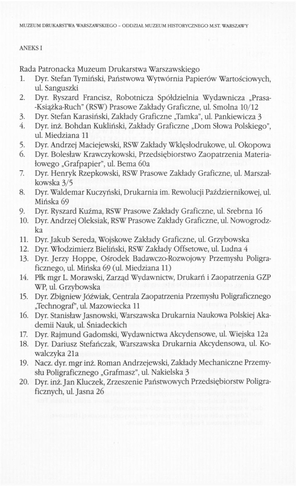 Smolna 10/12 3. Dyr. Stefan Karasiński, Zakłady Graficzne Tamka", ul. Pankiewicza 3 4. Dyr. inż. Bohdan Kukliński, Zakłady Graficzne Dom Słowa Polskiego", ul. Miedziana 11 5. Dyr. Andrzej Maciejewski, RSW Zakłady Wklęsłodrukowe, ul.