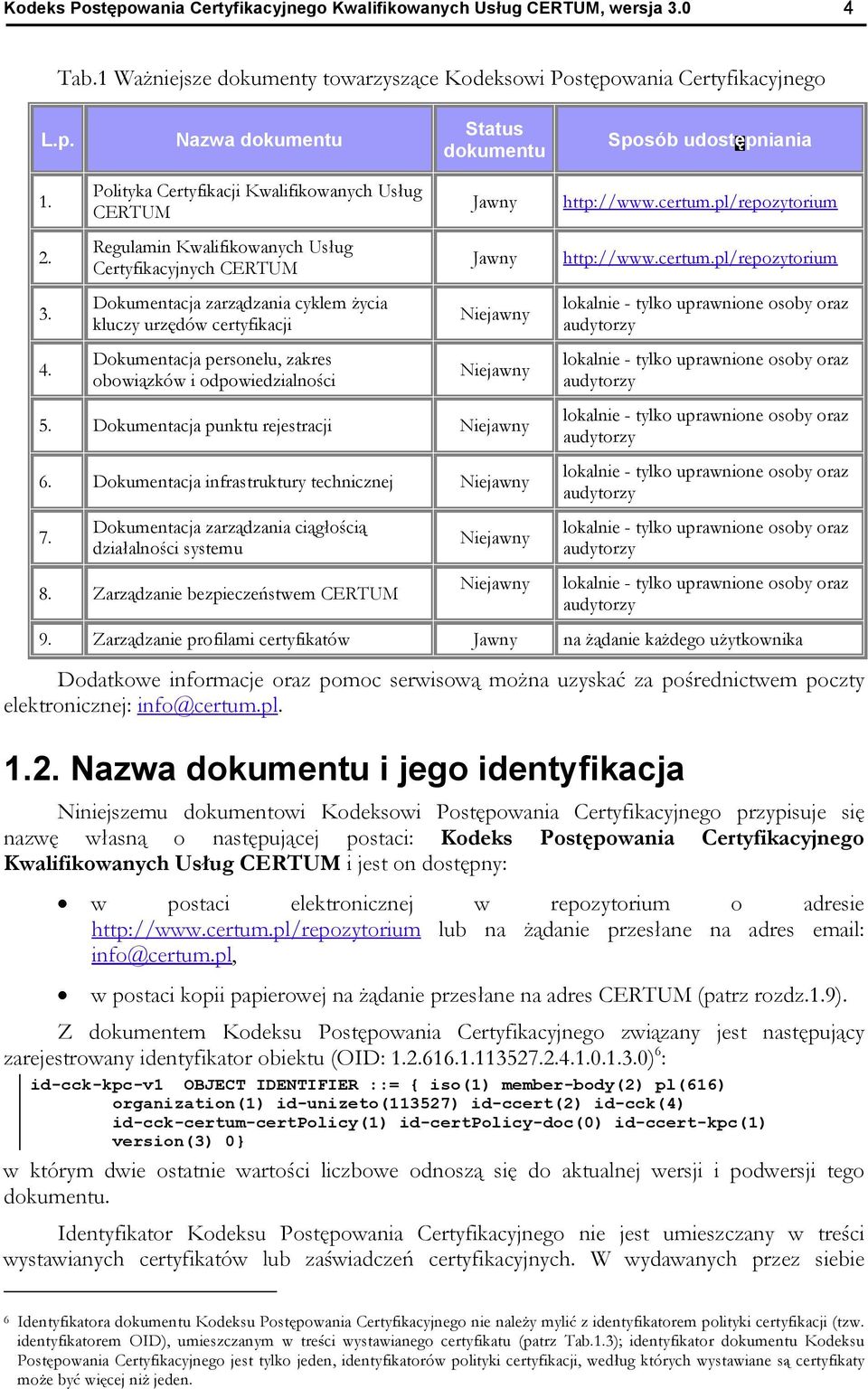 Polityka Certyfikacji Kwalifikowanych Us ug CERTUM Regulamin Kwalifikowanych Us ug Certyfikacyjnych CERTUM Dokumentacja zarz dzania cyklem ycia kluczy urz dów certyfikacji Dokumentacja personelu,