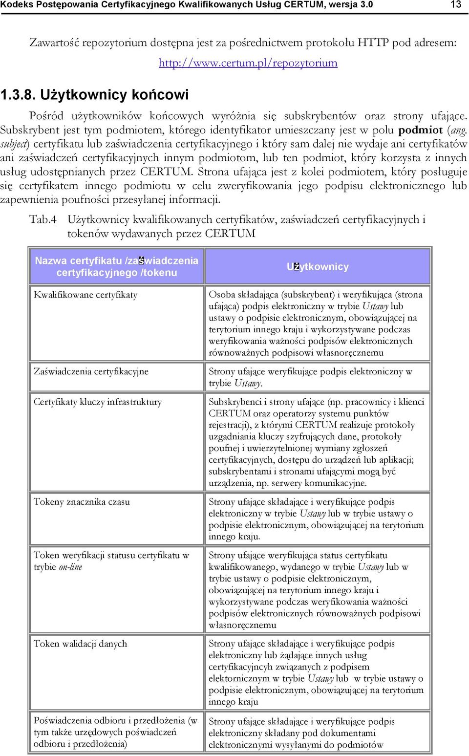 subject) certyfikatu lub za wiadczenia certyfikacyjnego i który sam dalej nie wydaje ani certyfikatów ani za wiadcze certyfikacyjnych innym podmiotom, lub ten podmiot, który korzysta z innych us ug