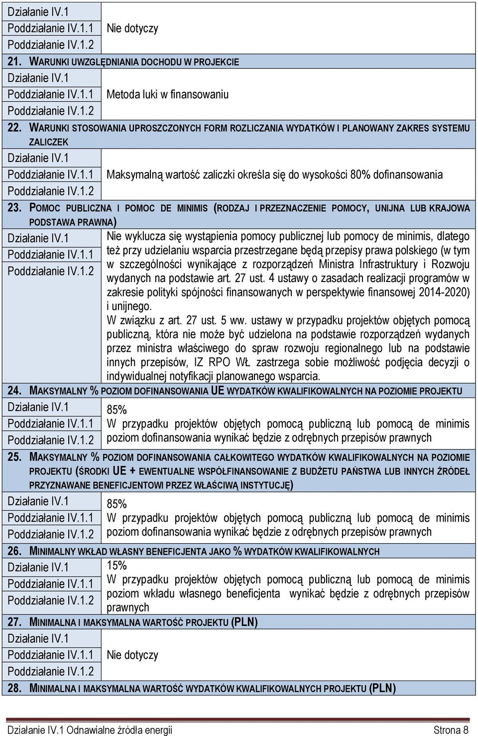 POMOC PUBLICZNA I POMOC DE MINIMIS (RODZAJ I PRZEZNACZENIE POMOCY, UNIJNA LUB KRAJOWA PODSTAWA PRAWNA) Działanie IV.