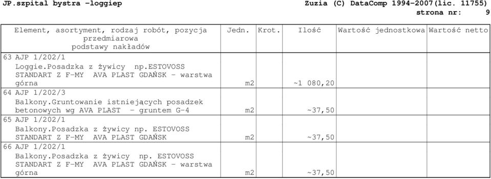 estovoss STANDART Z F-MY AVA PLAST GDAŃSK - warstwa górna m2 ~1 080,20 64 AJP 1/202/3 Balkony.